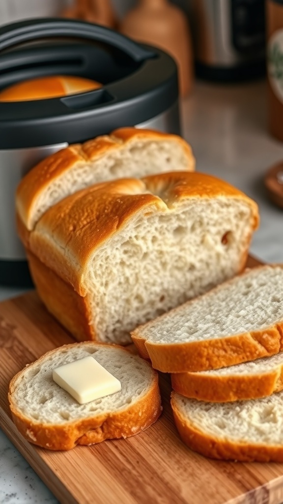 A freshly baked 1 1/2 lb bread loaf sliced on a wooden board with butter.